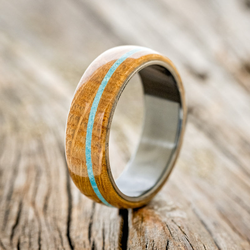 "REMMY" - WHISKEY BARREL OAK & TURQUOISE WEDDING BAND - READY TO SHIP-4