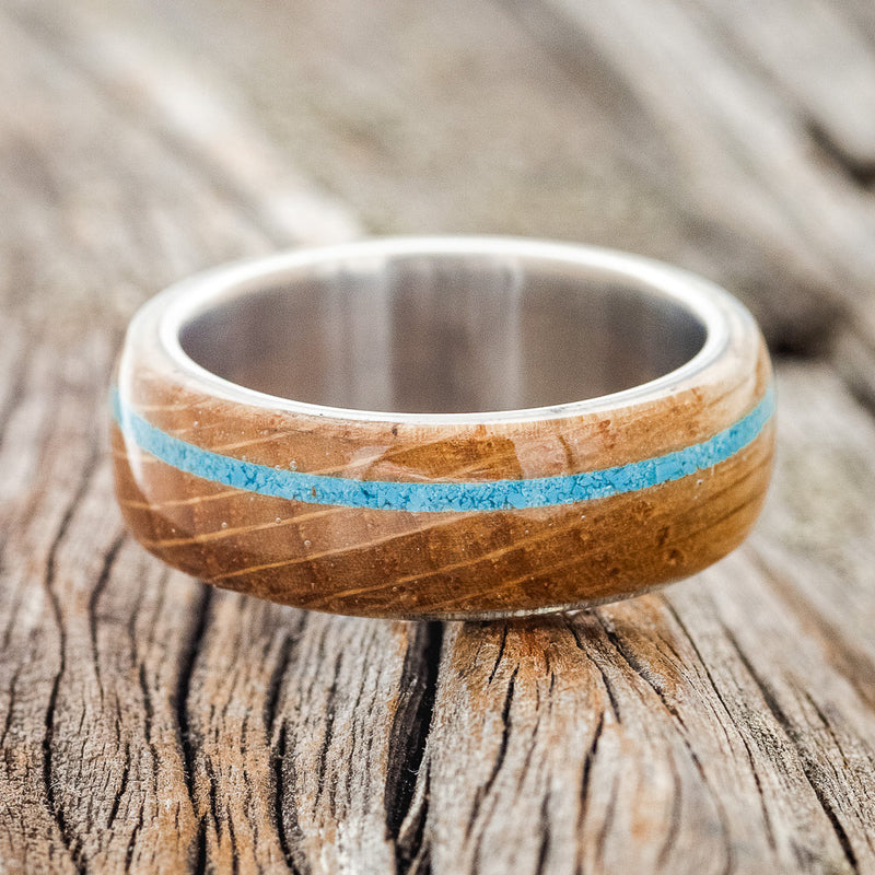 "REMMY" - WHISKEY BARREL OAK & TURQUOISE WEDDING BAND - READY TO SHIP-3