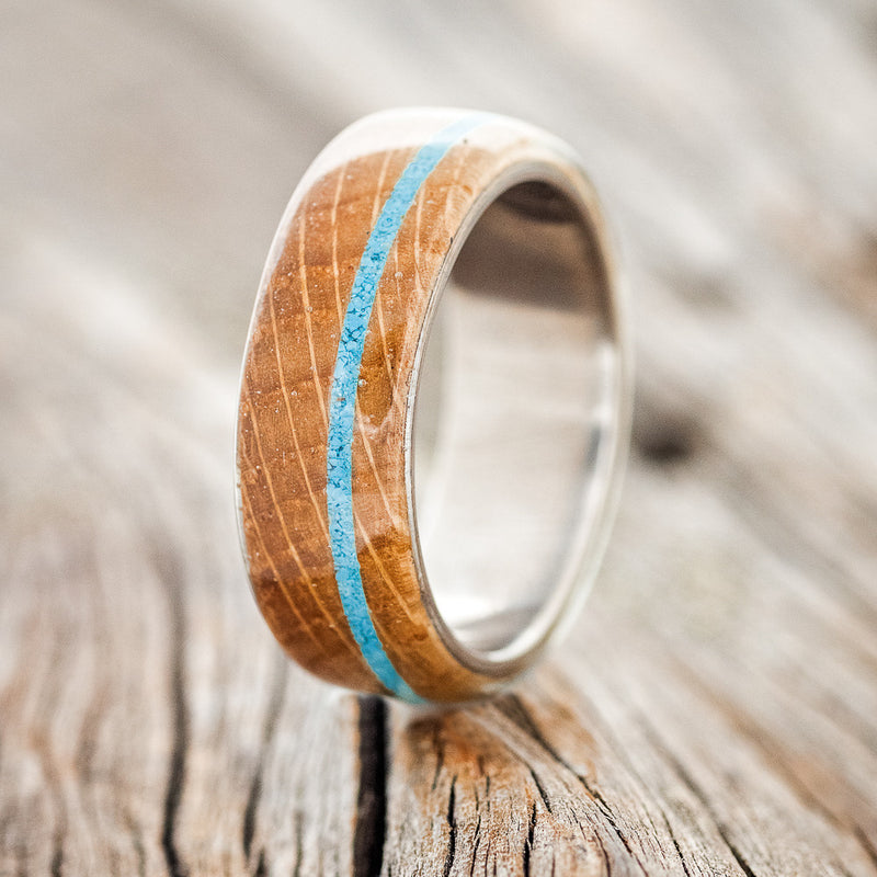 "REMMY" - WHISKEY BARREL OAK & TURQUOISE WEDDING BAND - READY TO SHIP-1