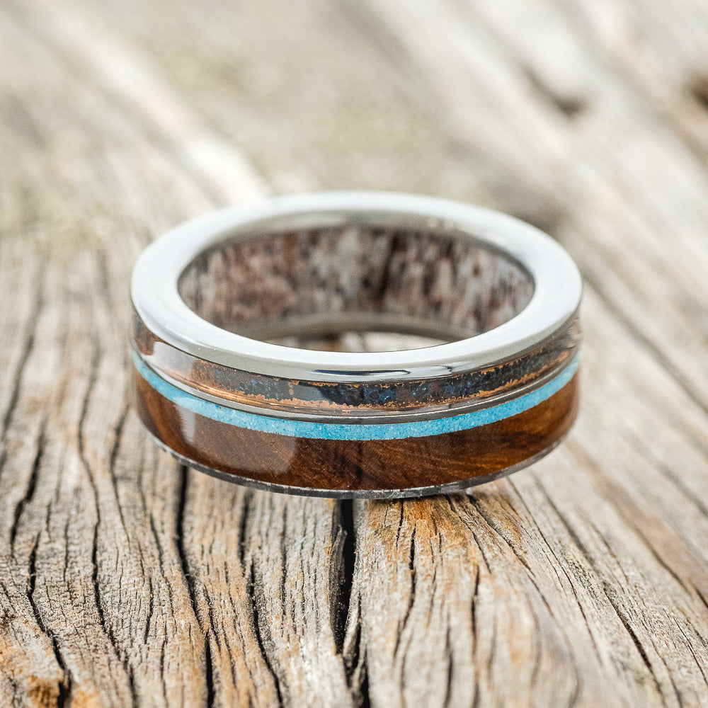 "ELEMENT" - IRONWOOD, PATINA COPPER & TURQUOISE WEDDING RING FEATURING AN ANTLER LINED BAND-11