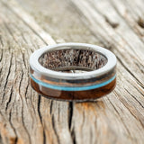 "ELEMENT" - IRONWOOD, PATINA COPPER & TURQUOISE WEDDING BAND WITH AN ANTLER LINING - READY TO SHIP