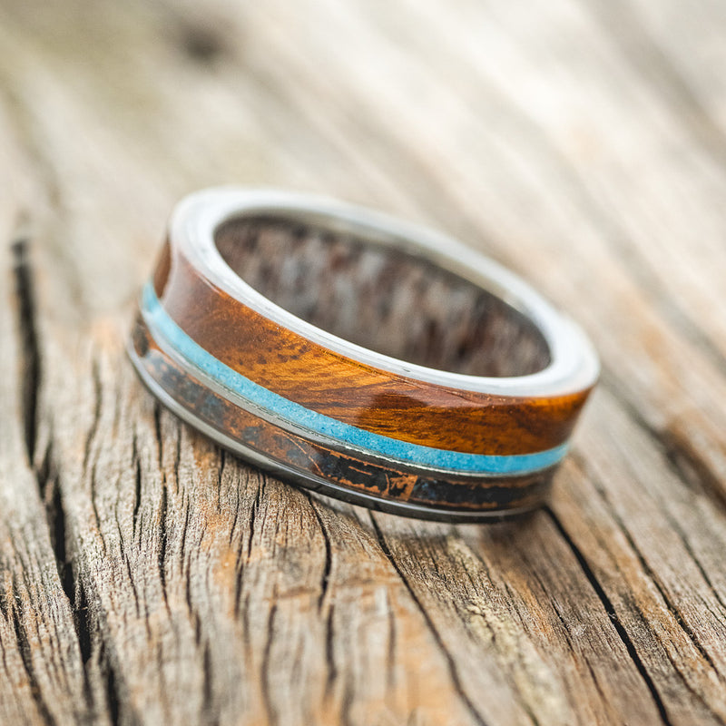 "ELEMENT" - IRONWOOD, PATINA COPPER & TURQUOISE WEDDING BAND WITH AN ANTLER LINING - READY TO SHIP
