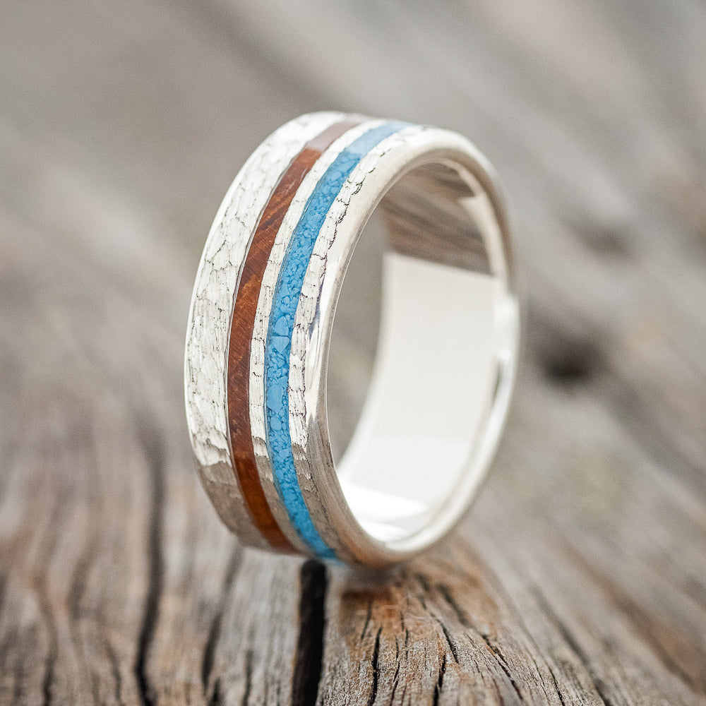 "COSMO" - IRONWOOD & TURQUOISE WEDDING RING WITH HAMMERED FINISH-4
