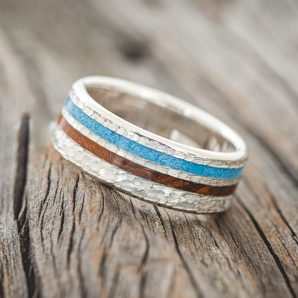 "COSMO" - IRONWOOD & TURQUOISE WEDDING RING WITH HAMMERED FINISH-5
