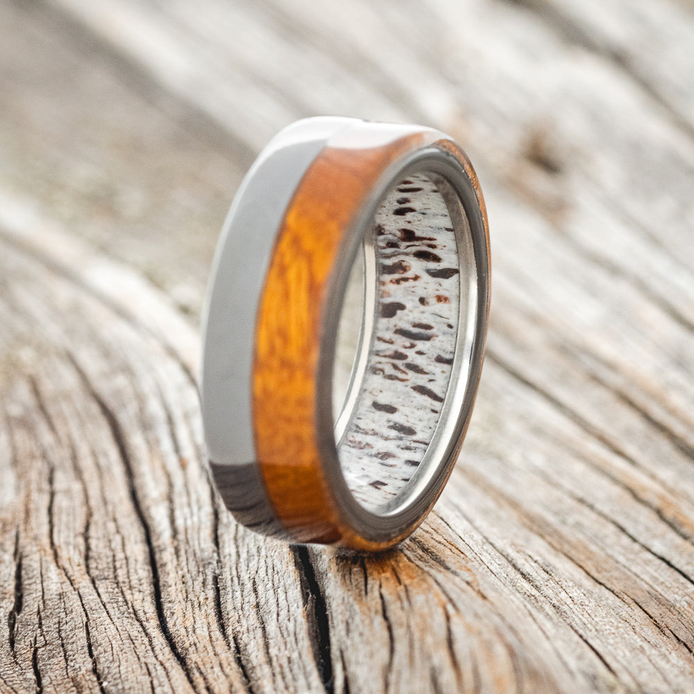 "LEDGER" - IRONWOOD WEDDING RING FEATURING AN ANTLER LINED BLACK ZIRCONIUM BAND-2