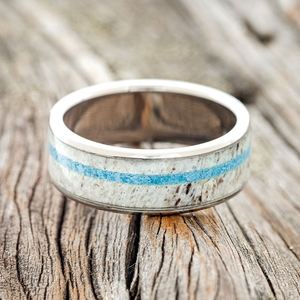 "RAINIER" - ANTLER & OFFSET TURQUOISE INLAY WEDDING BAND-3