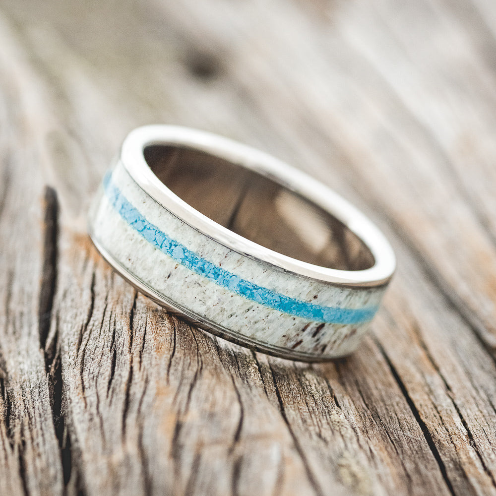 "RAINIER" - ANTLER & OFFSET TURQUOISE INLAY WEDDING BAND - READY TO SHIP-2