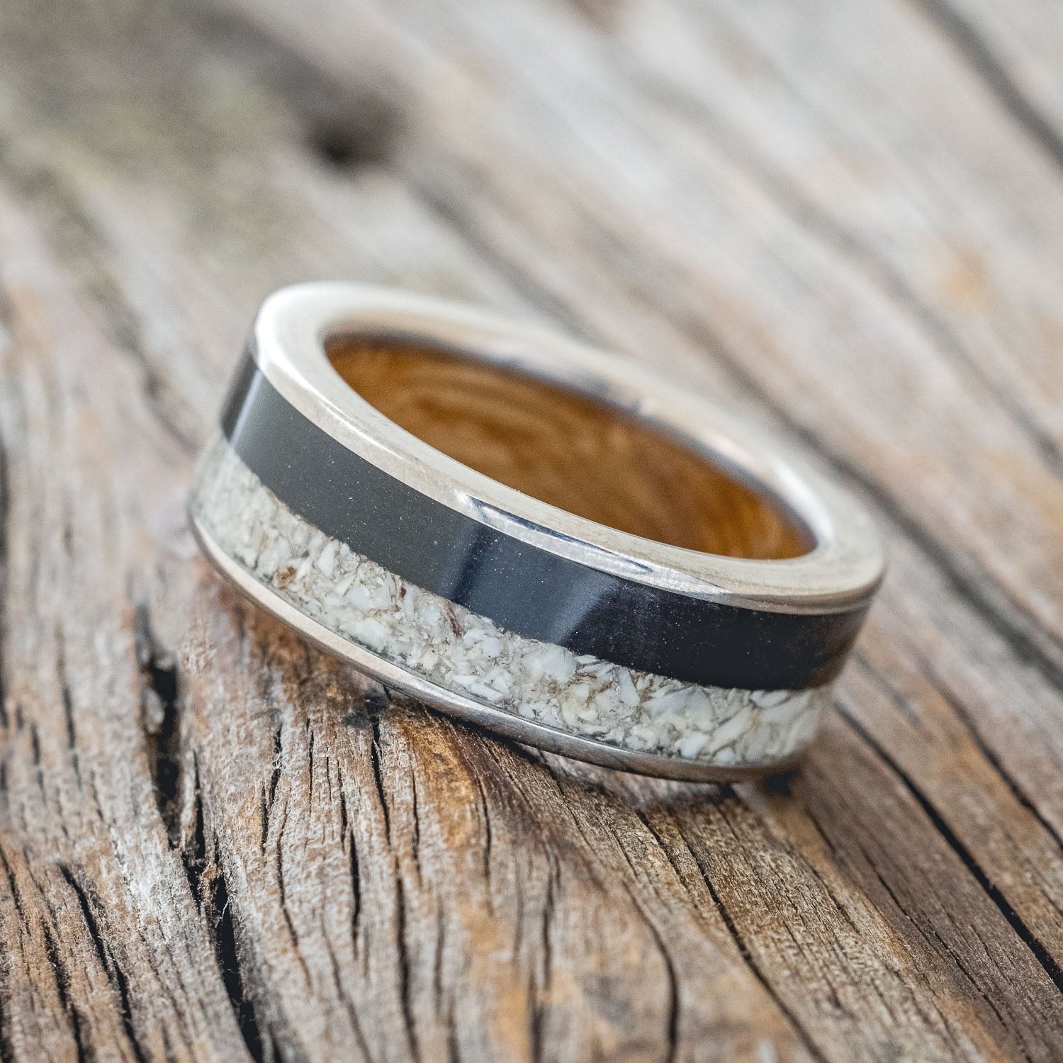 "FLYNN" - ELK TOOTH & CHARRED WHISKEY BARREL OAK WEDDING RING WITH WHISKEY BARREL LINED BAND-3