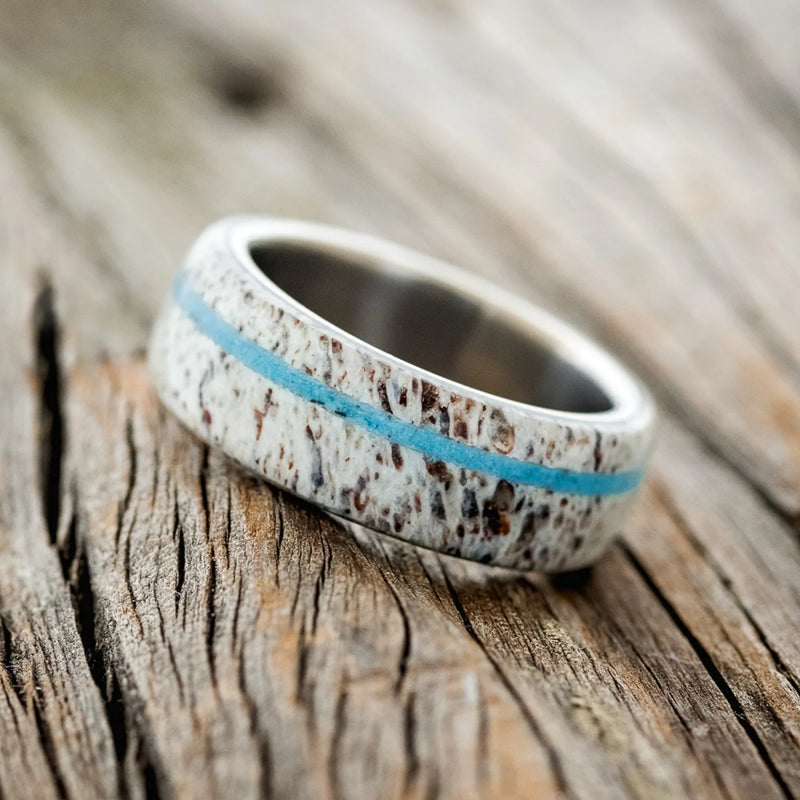 "REMMY" - TURQUOISE & ANTLER WEDDING RING - BLACK ZIRCONIUM - SIZE 14-2