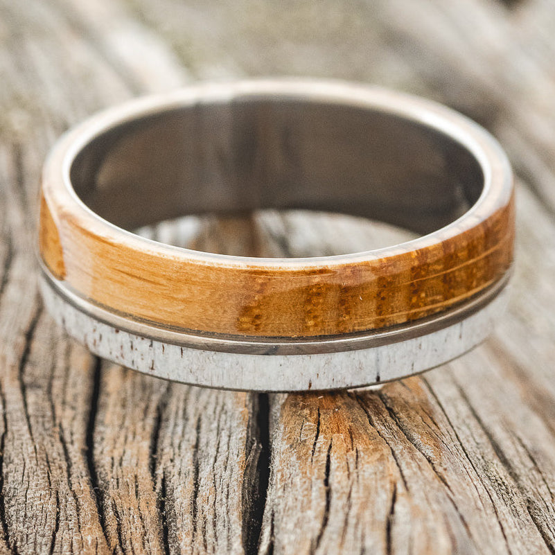 "GOLDEN" - WHISKEY BARREL OAK & ANTLER WEDDING BAND - READY TO SHIP-3