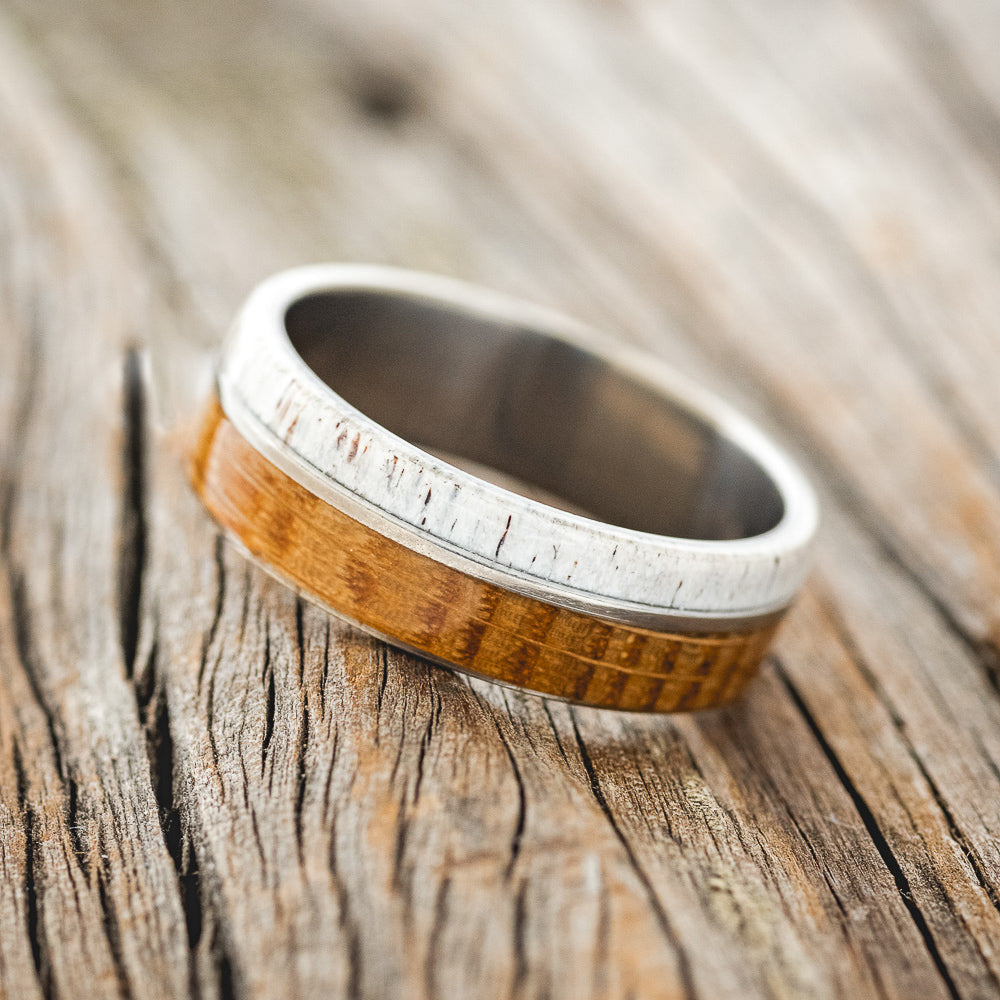 "GOLDEN" - WHISKEY BARREL OAK & ANTLER WEDDING BAND - READY TO SHIP-2
