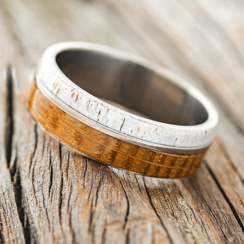 "GOLDEN" - WHISKEY BARREL OAK & ANTLER WEDDING BAND - READY TO SHIP-2