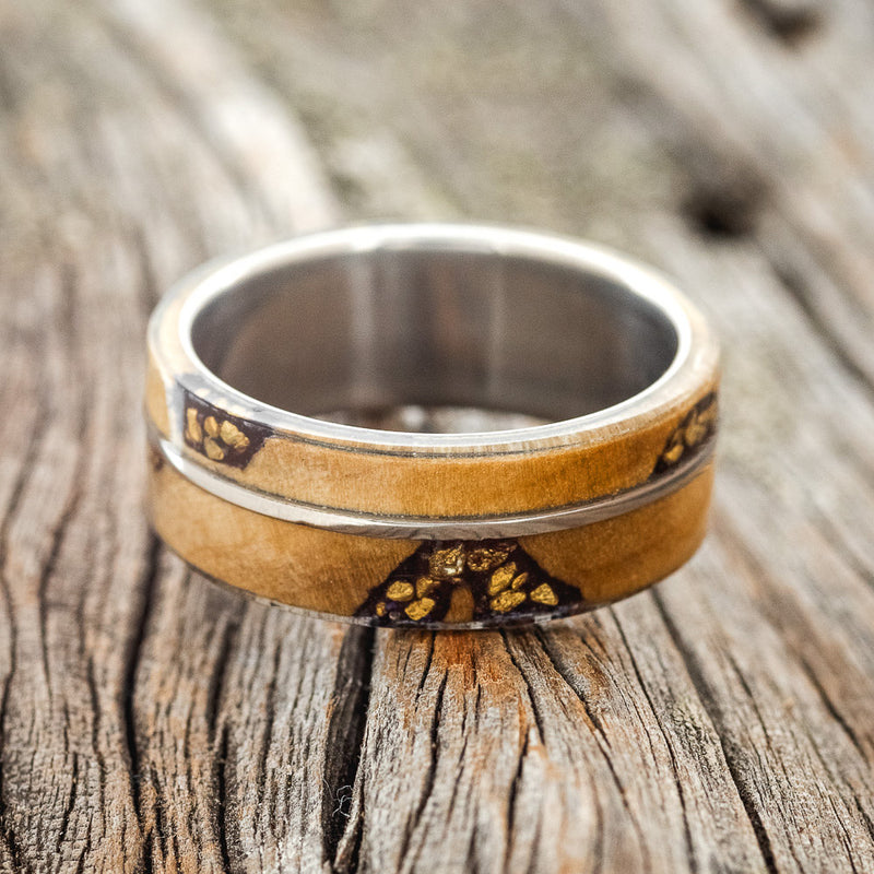 "GOLDEN" - ALASKAN PANNED GOLD NUGGETS SET IN BUCKEYE BURL WOOD WEDDING BAND - TITANIUM - SIZE 7 1/2-3