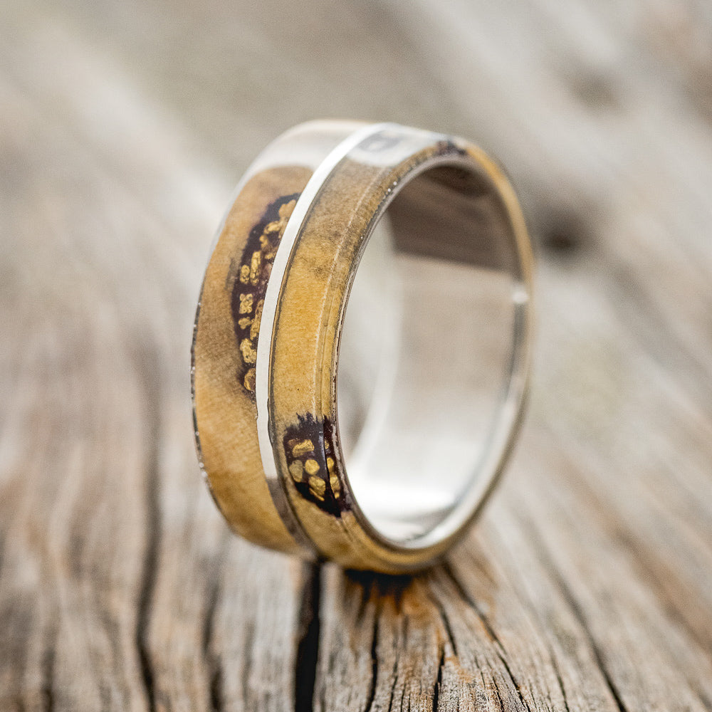"GOLDEN" - MATCHING SET OF ALASKAN PANNED GOLD NUGGETS SET IN BUCKEYE BURL WOOD WEDDING BANDS-2
