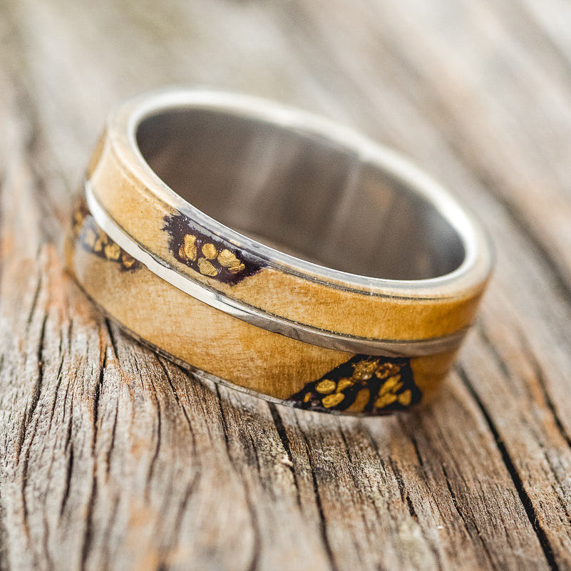 "GOLDEN" - BUCKEYE BURL WOOD & ALASKAN PANNED GOLD NUGGETS WEDDING RING - READY TO SHIP-6