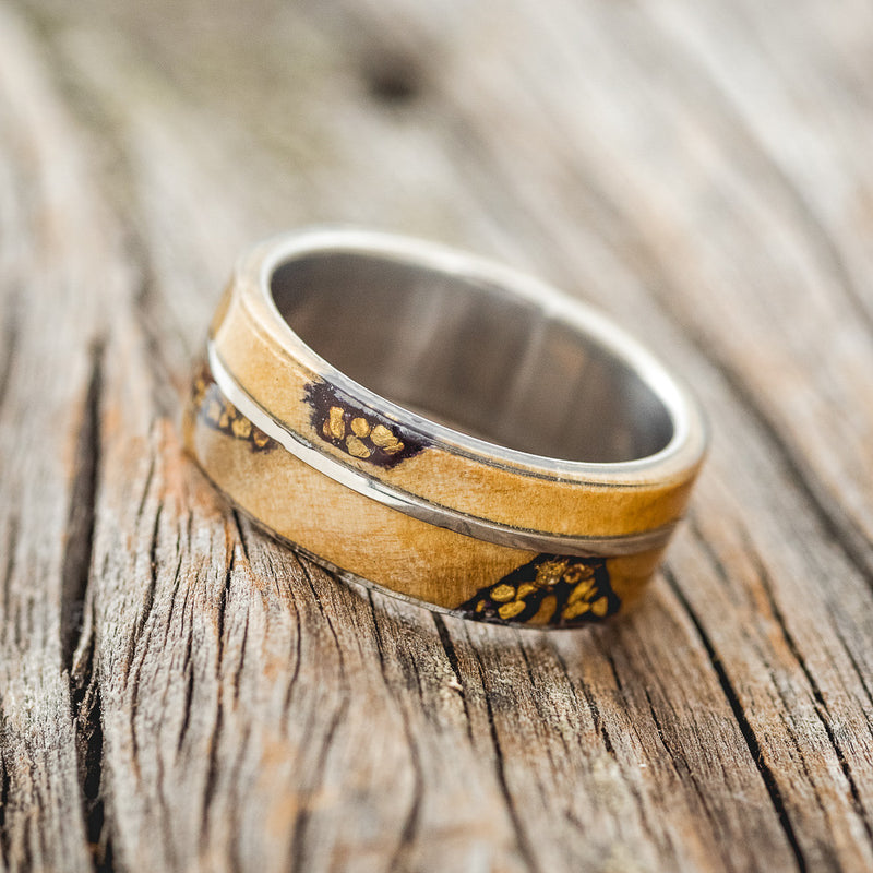 "GOLDEN" - ALASKAN PANNED GOLD NUGGETS SET IN BUCKEYE BURL WOOD WEDDING BAND - TITANIUM - SIZE 7 1/2-2