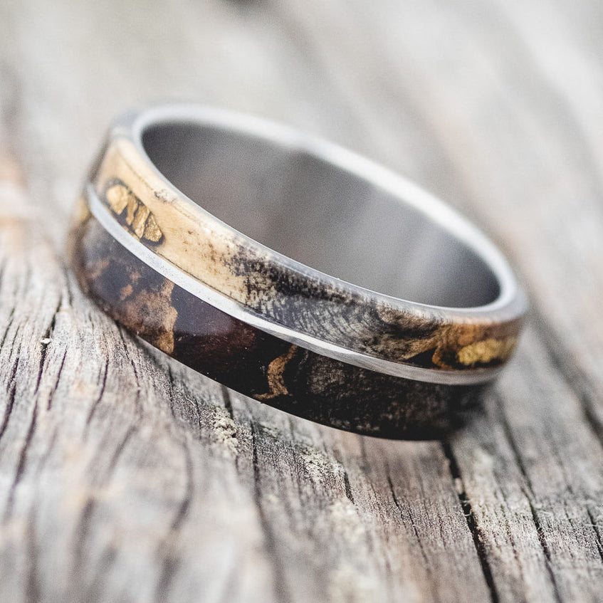 "GOLDEN" - BUCKEYE BURL WOOD & ALASKAN PANNED GOLD NUGGETS WEDDING RING - READY TO SHIP-2