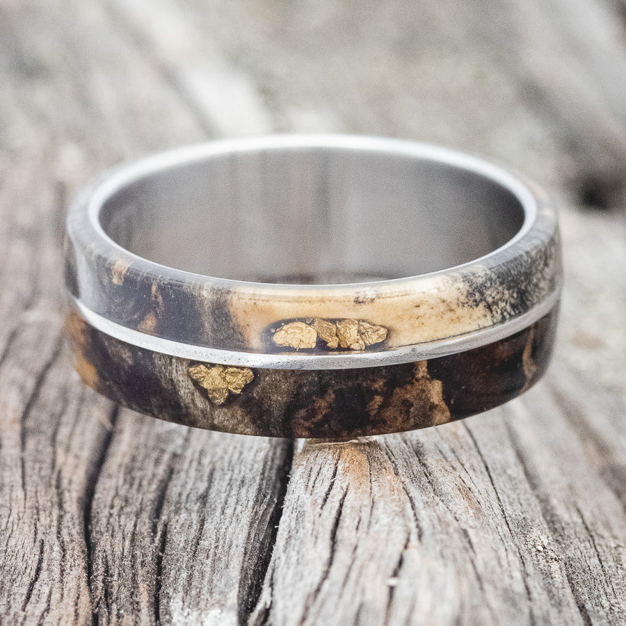 "GOLDEN" - BUCKEYE BURL WOOD & ALASKAN PANNED GOLD NUGGETS WEDDING RING - READY TO SHIP-4