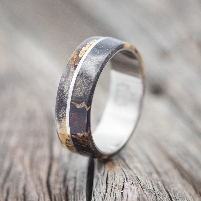 "GOLDEN" - ALASKAN PANNED GOLD NUGGETS SET IN BUCKEYE BURL WOOD WEDDING BAND - TITANIUM - SIZE 7 1/2-4