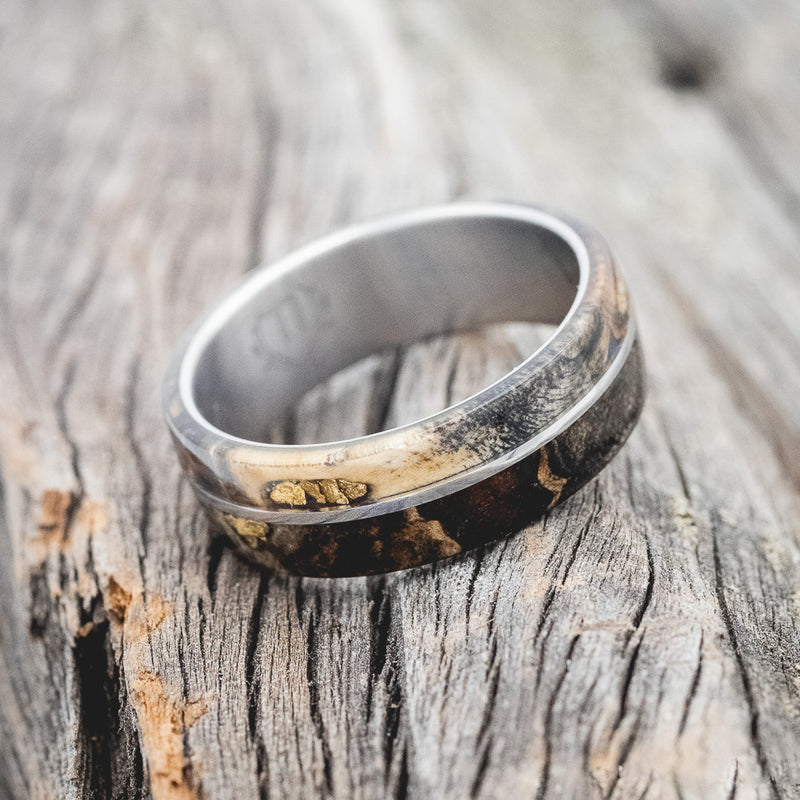 "GOLDEN" - BUCKEYE BURL WOOD & ALASKAN PANNED GOLD NUGGETS WEDDING RING - READY TO SHIP-3