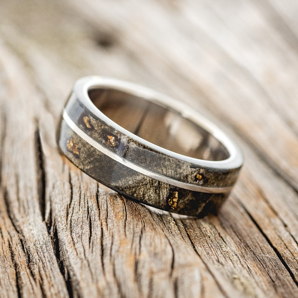 "GOLDEN" - BUCKEYE BURL WOOD & ALASKAN PANNED GOLD NUGGETS WEDDING RING-18