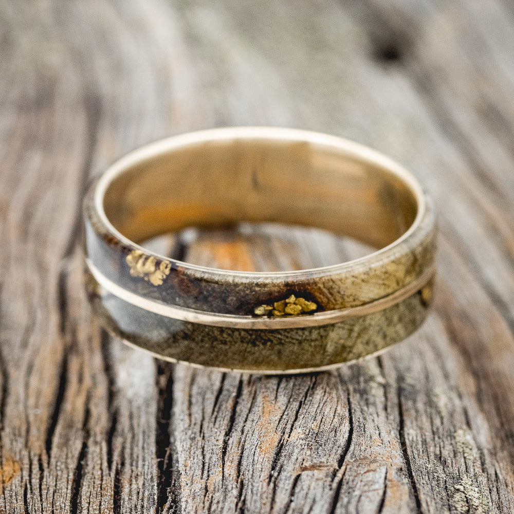 "GOLDEN" - BUCKEYE BURL WOOD & ALASKAN PANNED GOLD NUGGETS WEDDING RING-16