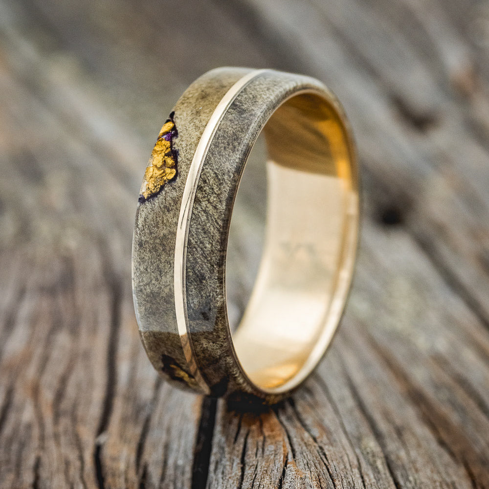 "GOLDEN" - BUCKEYE BURL WOOD & ALASKAN PANNED GOLD NUGGETS WEDDING RING-14