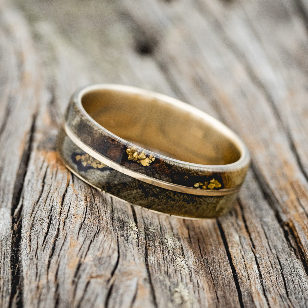"GOLDEN" - BUCKEYE BURL WOOD & ALASKAN PANNED GOLD NUGGETS WEDDING RING-15