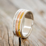 "RIO" - ANTLER, RUSTIC COPPER & SPALTED MAPLE WOOD WEDDING BAND - TITANIUM - SIZE 10
