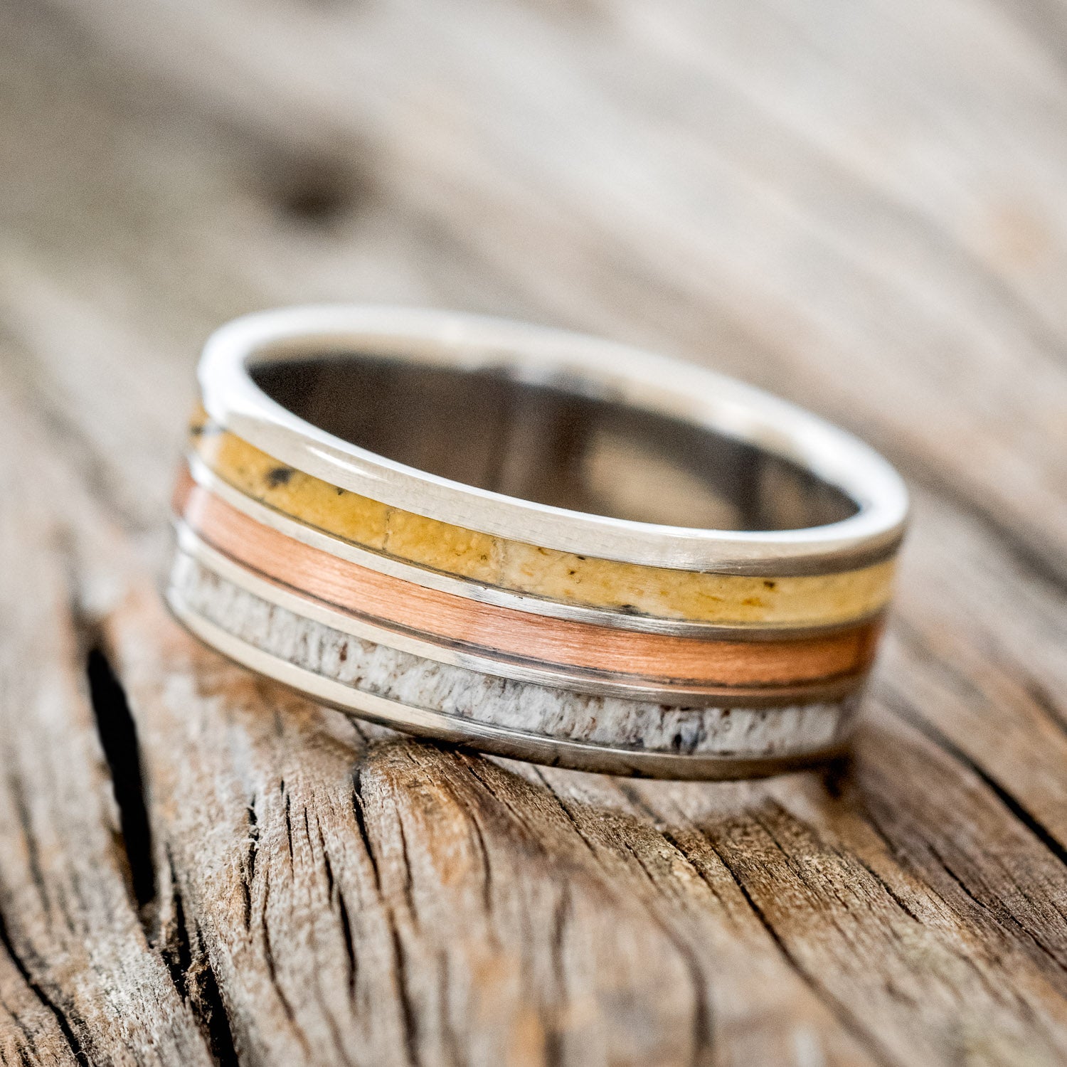 "RIO" - SPALTED MAPLE WOOD, RUSTIC COPPER & ANTLER WEDDING BAND-2