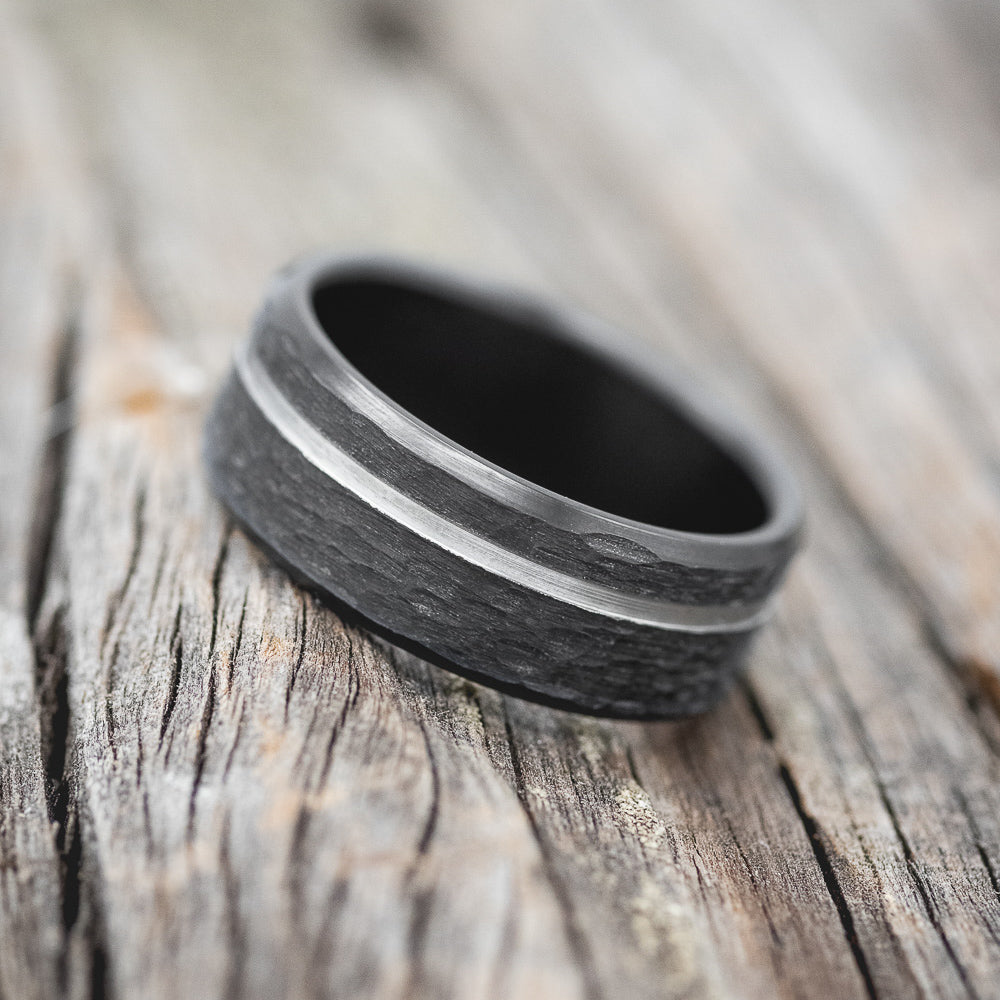 HAMMERED WEDDING BAND WITH A CUT ETCHING - READY TO SHIP-5