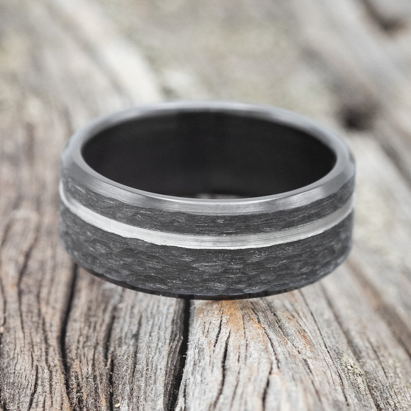 HAMMERED BLACK ZIRCONIUM BAND WITH A CUT ETCHING