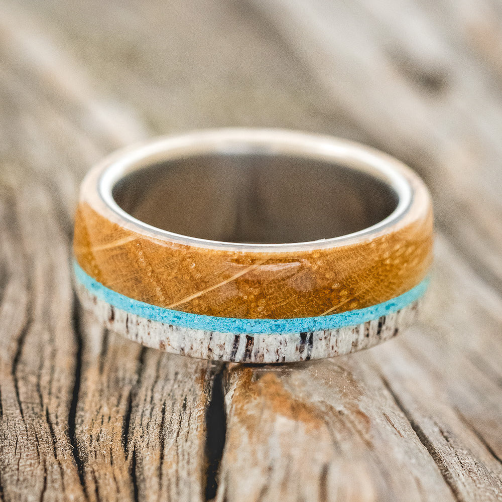 "ARGOS" - WHISKEY BARREL OAK, TURQUOISE & ANTLER WEDDING BAND - READY TO SHIP-3