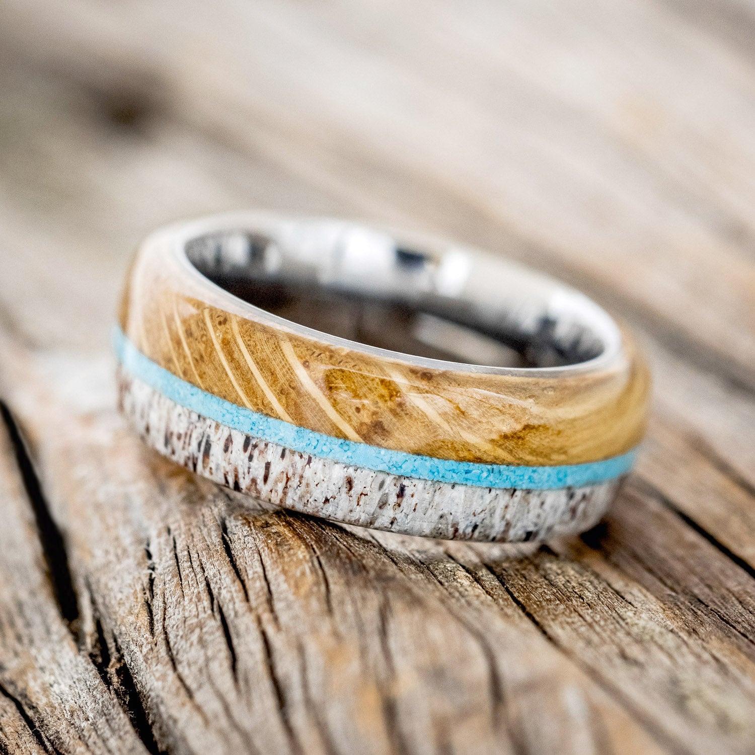 "ARGOS" - WHISKEY BARREL OAK, TURQUOISE & ANTLER WEDDING BAND - READY TO SHIP-5