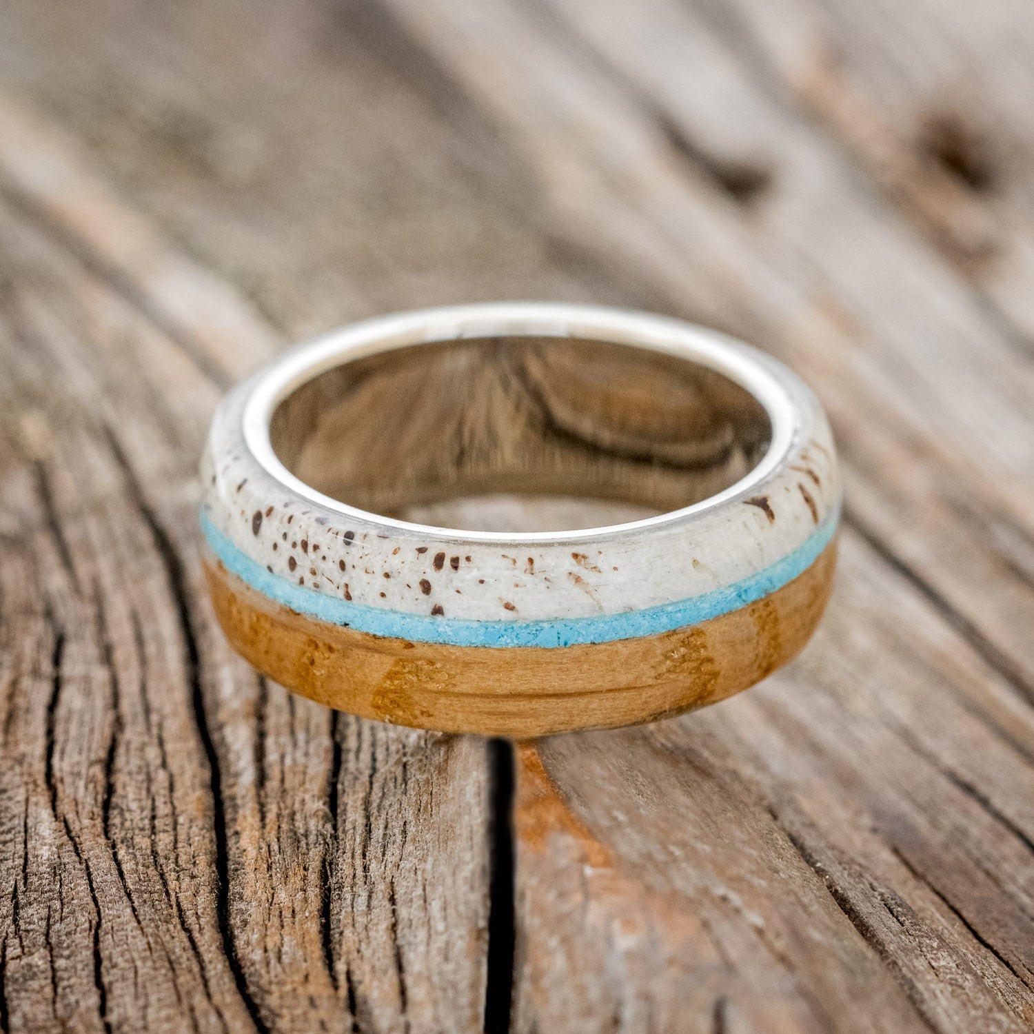"ARGOS" - WHISKEY BARREL OAK, TURQUOISE & ANTLER WEDDING BAND-12