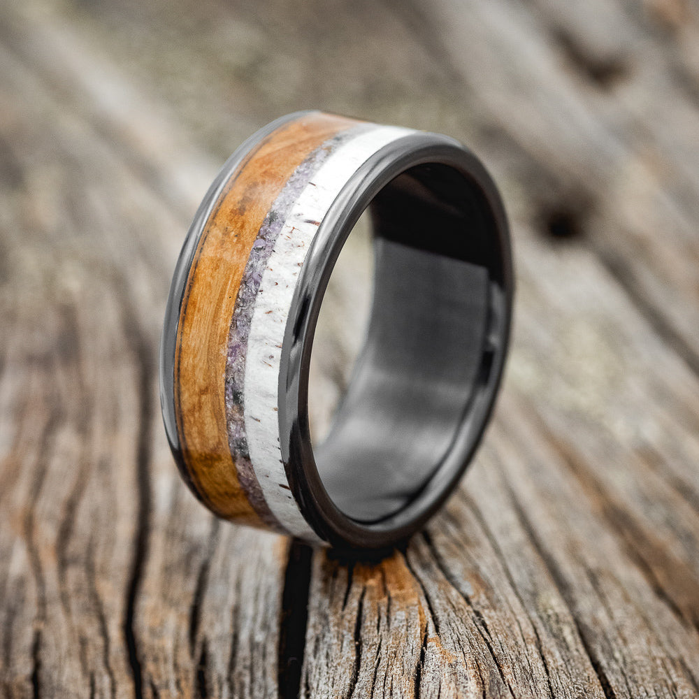 "RAINIER" - CHAROITE STONE, ELK ANTLER & WHISKEY BARREL OAK WEDDING BAND-4