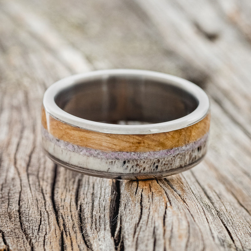 "RAINIER" - CHAROITE STONE, ELK ANTLER & WHISKEY BARREL OAK WEDDING BAND - READY TO SHIP-3