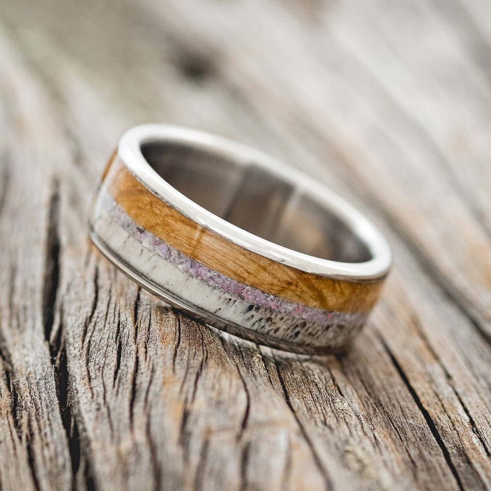 "RAINIER" - CHAROITE STONE, ELK ANTLER & WHISKEY BARREL OAK WEDDING BAND-2