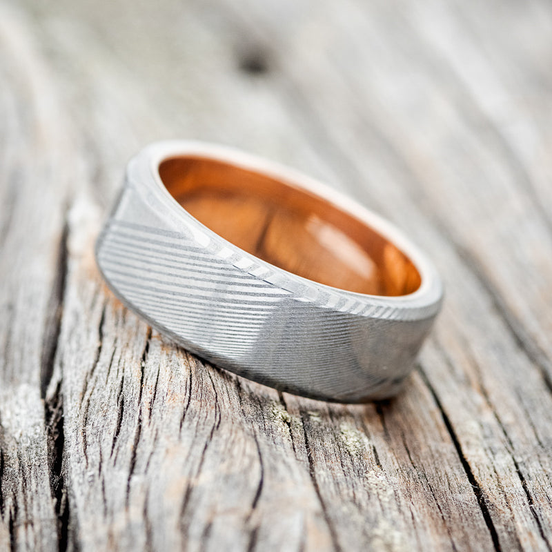 "VULCAN" - DAMASCUS STEEL WEDDING BAND WITH A 14K ROSE GOLD LINING (6MM) - SIZE 11 3/4