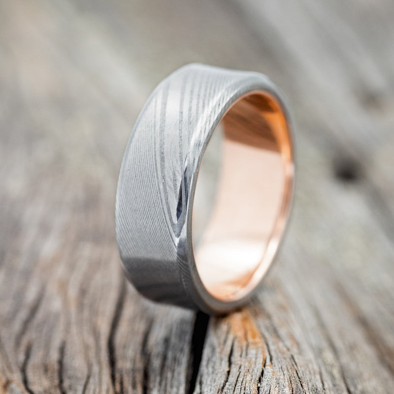 "VULCAN" - DAMASCUS STEEL WEDDING BAND WITH A 14K ROSE GOLD LINING (6MM) - SIZE 11 3/4