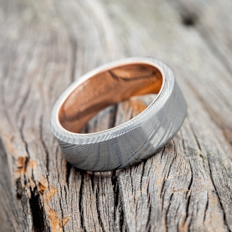 "VULCAN" - DAMASCUS STEEL WEDDING BAND WITH A 14K ROSE GOLD LINING (6MM) - SIZE 11 3/4-3