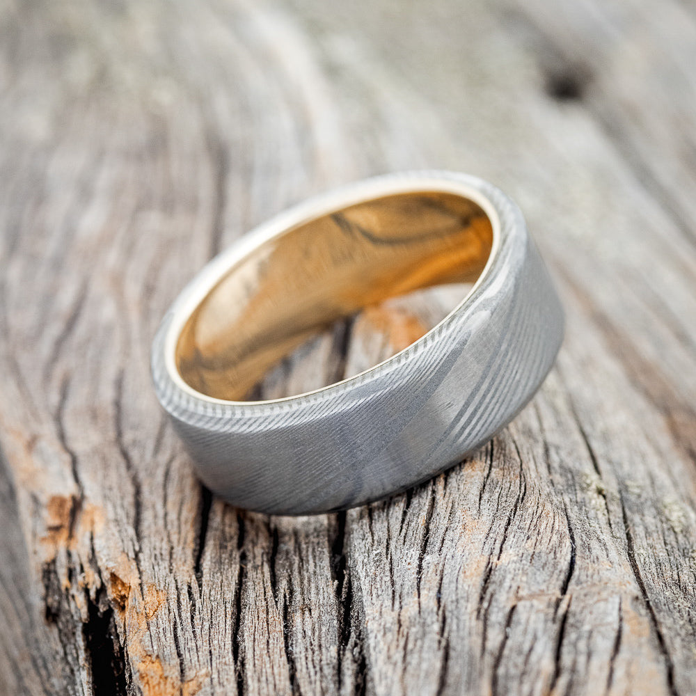 "VULCAN" - DAMASCUS STEEL WEDDING BAND WITH 14K GOLD LINING-3