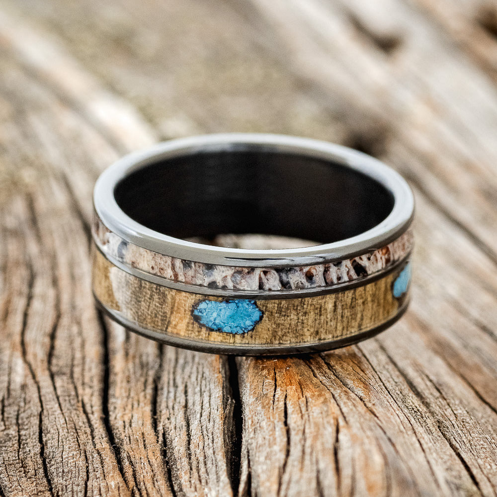 "RAPTOR" - ANTLER, BUCKEYE BURL & TURQUOISE WEDDING BAND - READY TO SHIP-6