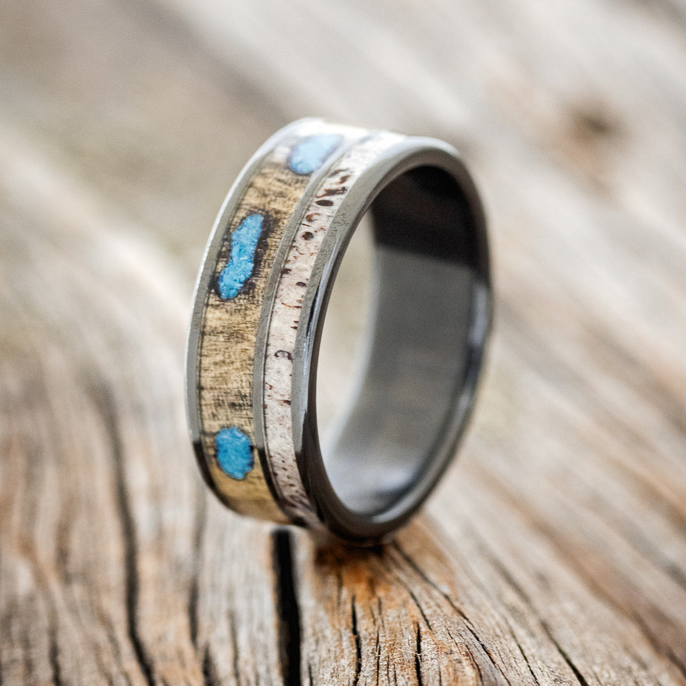 "RAPTOR" - ANTLER, BUCKEYE BURL & TURQUOISE WEDDING BAND - READY TO SHIP-4
