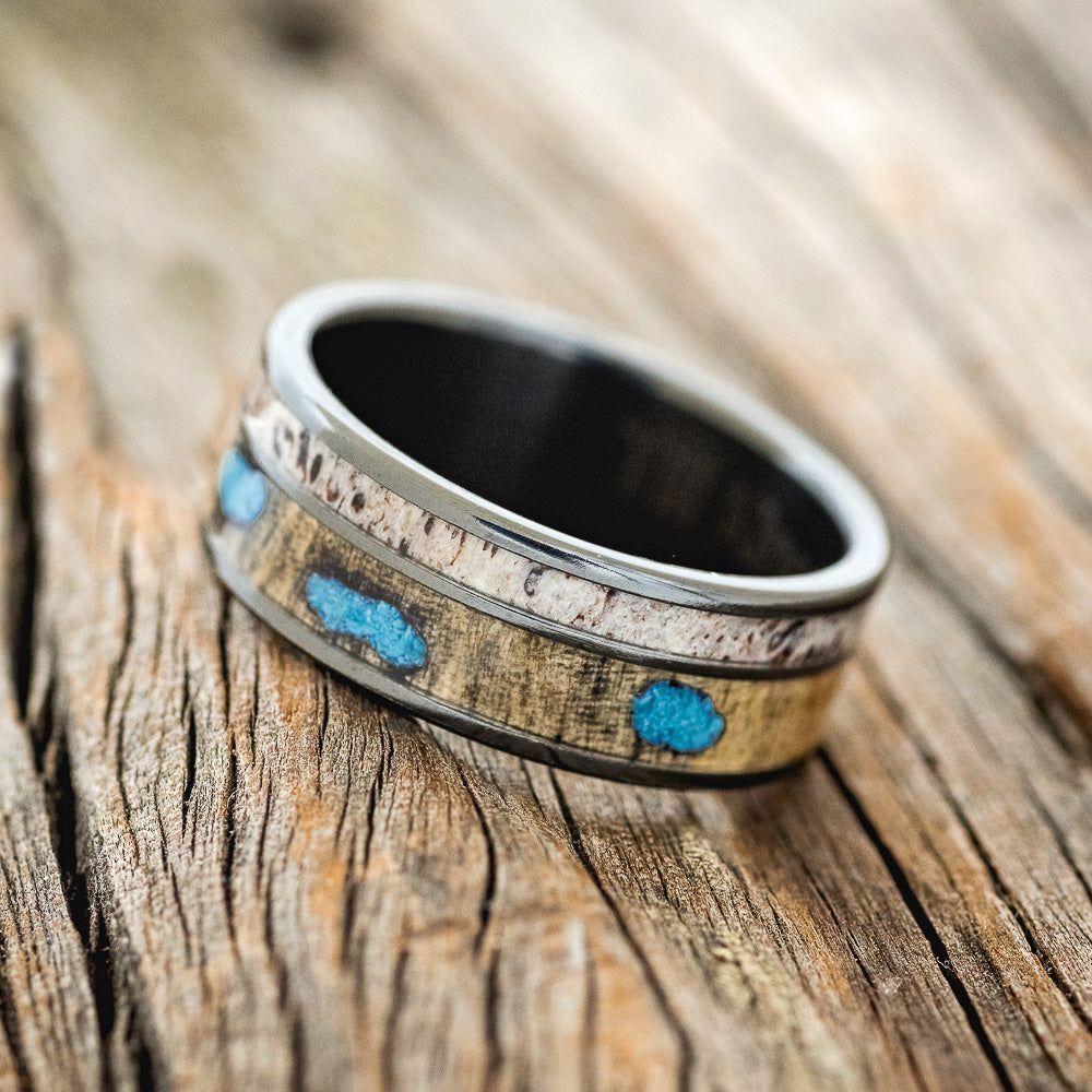 "RAPTOR" - ANTLER, BUCKEYE BURL & TURQUOISE WEDDING BAND - READY TO SHIP-5