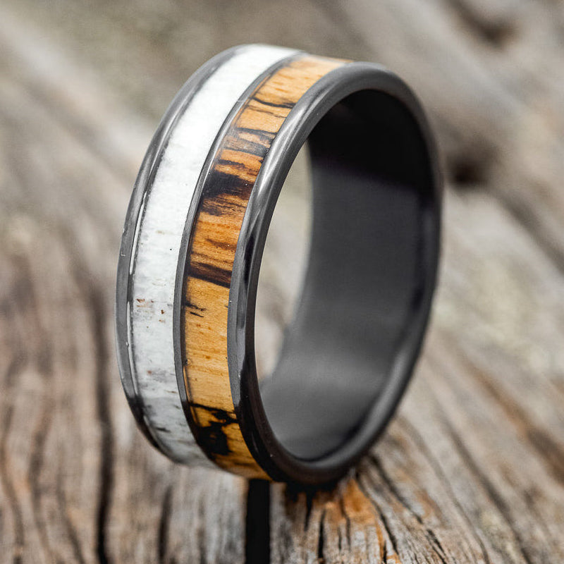 "DYAD" - SPALTED MAPLE & ANTLER WEDDING BAND-7