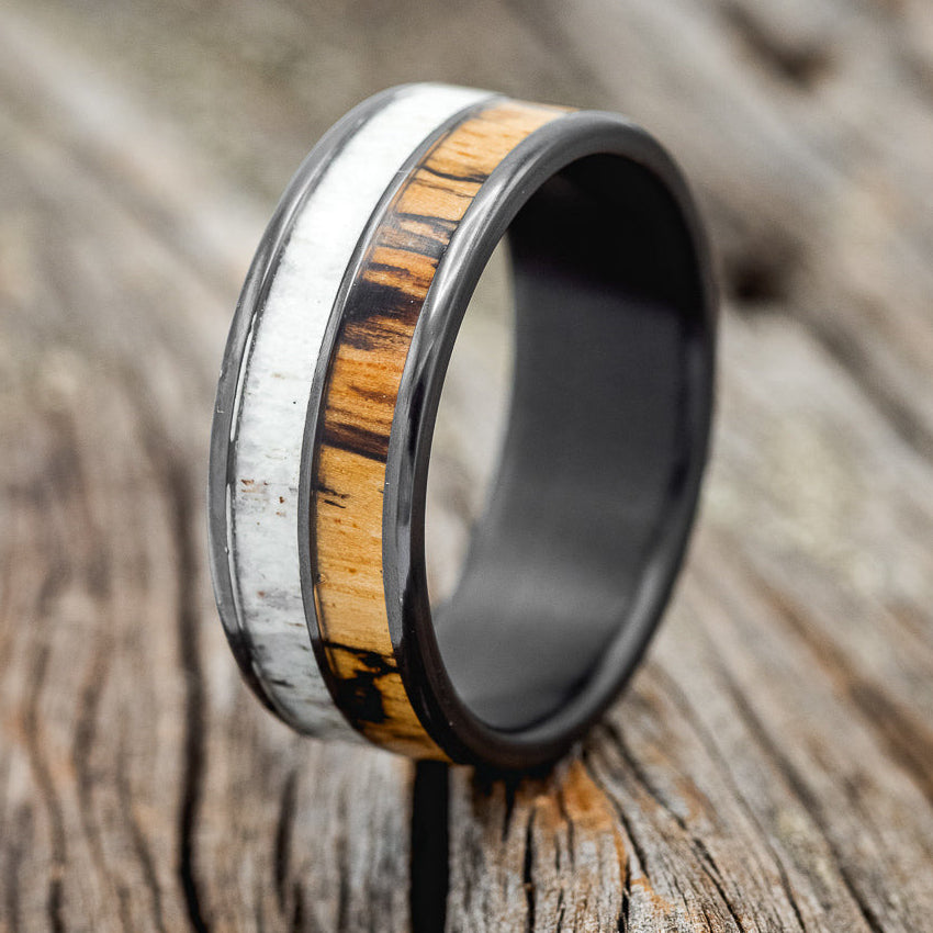 "DYAD" - SPALTED MAPLE & ANTLER WEDDING BAND-7