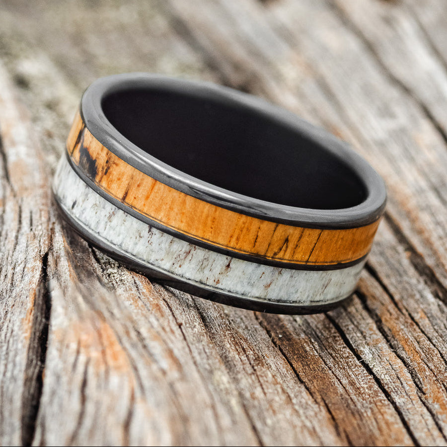 "DYAD" - SPALTED MAPLE & ANTLER WEDDING BAND-8