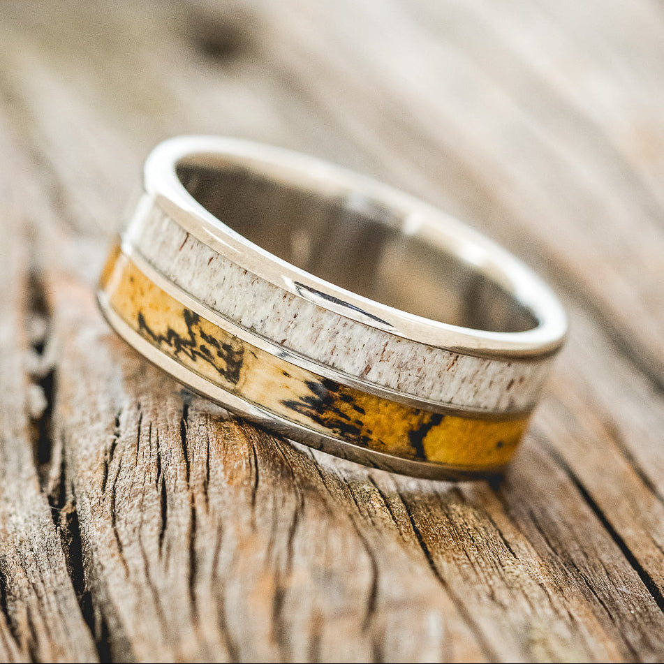 "DYAD" - SPALTED MAPLE & ANTLER WEDDING BAND-2