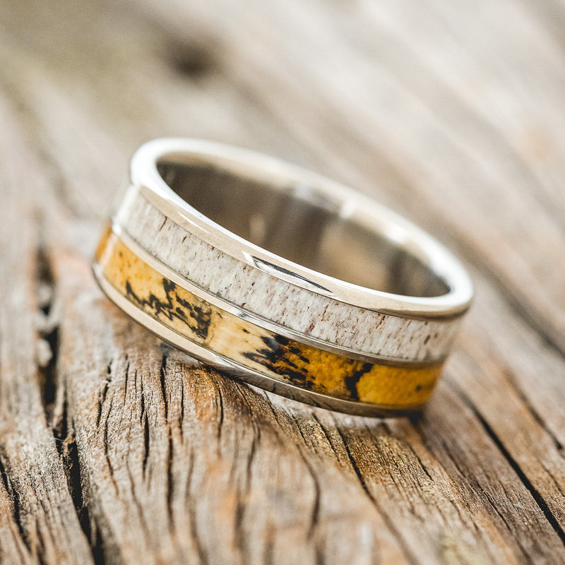 "DYAD" - SPALTED MAPLE & ANTLER WEDDING BAND - READY TO SHIP-2